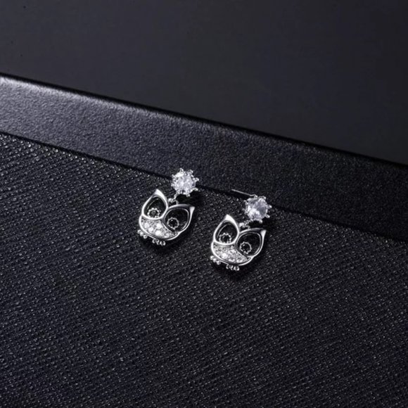 14k Gold Adorable Diamond Owl Earrings Sterling Silver - Picture 2 of 9